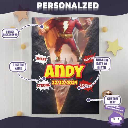 Personalized Baby Superhero Blanket – Shazam Style | Custom Name, Date & Background | Soft Fleece 30"x40"